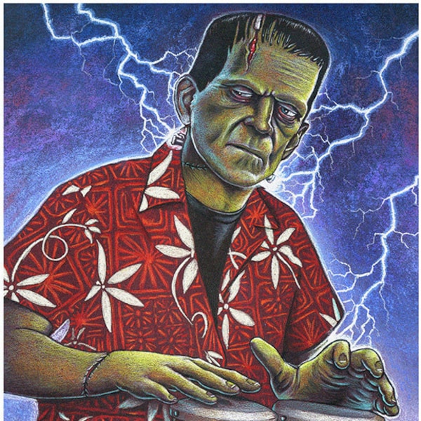 Doug Horne begränsad upplaga konsttryck Elvis bongo Frankenstein