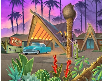 Doug Horne limited edition print Caliente Tropics, Tiki, Polynesian, Hawaiian, Exotic, Palm Springs