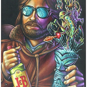 May include: Illustration of a man with sunglasses holding a bottle of J&B Rare whiskey and a tiki-style cocktail. The artwork features a surreal, colorful design with a dark background and the text "DON'T TRUST MACREADY".