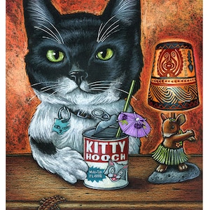 Doug Horne limited edition 11X14 print Tiki, Kitty, Cat, Drinking, Bar art
