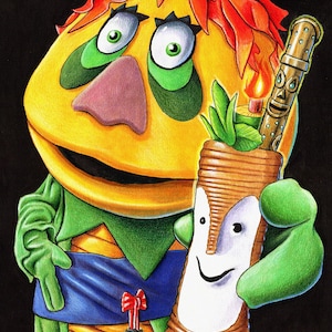 May include: A yellow puppet with red hair and green clothing holds a brown tiki mug with a smiling face. The mug has a straw and a small flame on top. The puppet is wearing a blue sash with a red bow and a gold badge that says "Mayor".