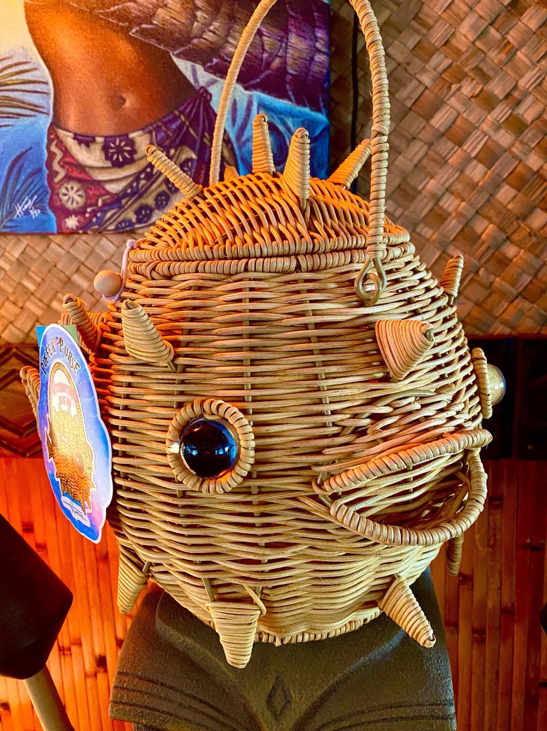 Wicker Puffer Fish Purse with light inside