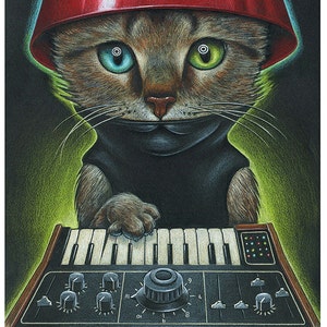 May include: A brown tabby cat wearing a red, mushroom-shaped hat plays a black Moog synthesizer with the text "Moog For Cats" on the front. The synthesizer has a row of white keys and several knobs and buttons.