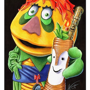 May include: A cartoon character with red hair, green eyes, and a yellow face holds a tiki-style cocktail glass with a lit torch. The character is wearing a green shirt, blue pants, and a red bow tie. The text "Puff the Magic Cocktail" and "Doug Horne 2019" is printed below the image.