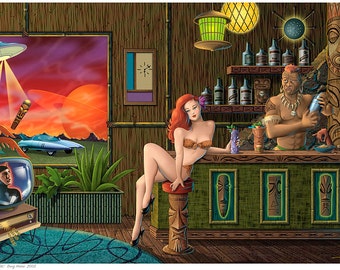 Doug Horne open edition 8X10 print Tiki, Polynesian, Hawaiian, Exotic, Bar, space, atomic