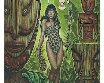 May include: A woman in a leopard print outfit stands in a jungle setting with a spear and a wooden tiki mask. The text "Tiki Caliente 8, Savage Safari" is at the bottom of the image.