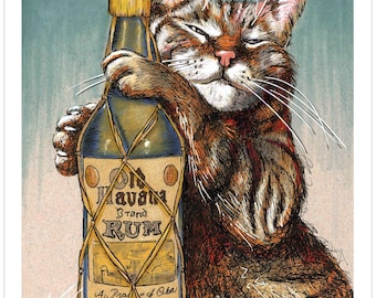 Doug Horne limited edition print. cat, kitties, Tiki Mug, Rum bottle