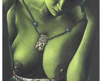 May include: A woman with dark hair and green skin wears a necklace with a tiki pendant and beads. She is wearing a patterned garment around her waist.