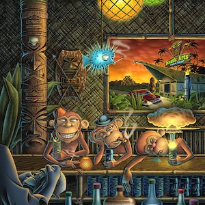 May include: Three monkeys sitting at a bar with drinks in their hands. The monkey on the left is smiling and holding a tropical drink. The monkey in the middle is wearing a hat and holding a glass of liquid. The monkey on the right is asleep and holding a tiki mug. The bar is decorated with tiki torches and a sign that says "Oceanic Arts Tiki Decor".