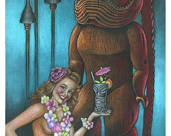 May include: A tiki-style illustration of a woman in a grass skirt and flower lei holding a tropical drink in front of a large tiki idol with flames on either side.