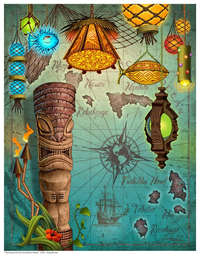 Doug Horne open edition print Tiki, Polynesian, Hawaiian, Exotic, Bar, Juxtapoz, forbidden island
