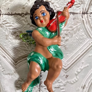 Large Mexican style hand painted angel cherub Cupid playing violin wall decor folk art