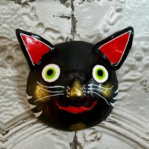 Whimsical handmade chubby black cat wall sculpture art decor