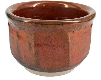 Studio Art Pottery Faceted Chawan Tea Bowl Copper glaze Bumblebee Signed