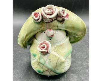 Raku Pottery Snowman Lady Woman Figurine Unsigned Hat Roses scarf Red nose