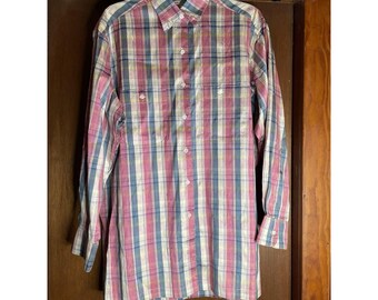 John Patrick Silk Button Casual Dress Shirt Plaid Oversized Removable Collar