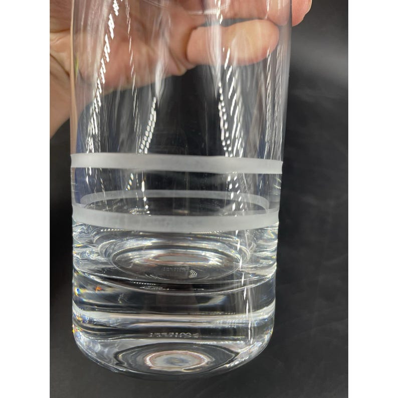 May include: A clear glass with two frosted horizontal bands. The glass is filled with a clear liquid. The glass is held by a person's hand. The glass has a round base.