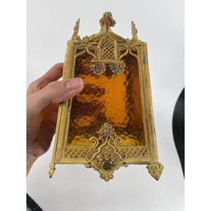 Antique Victorian light fixture shade Cast Iron Metal Amber glass Gothic Ornate