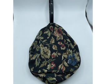 Vtg Floral Tapestry Hand Toiletry Travel Bag Patent Leather handle Oval
