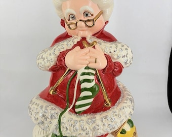 Vtg Atlantic Mold Large Mrs Claus Knit Ceramic Glitter Plastic eyes Christmas