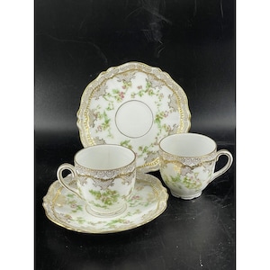 Royal Austria Demitasse Cup & Saucer Gold Hand Painted Flowers set 2 (Read)