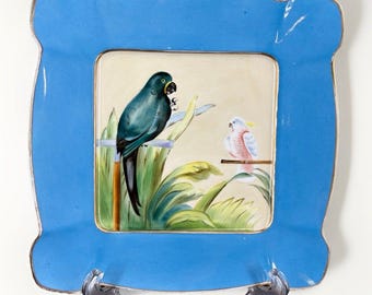 Noritake Art Deco Cabinet Dish Plate Hand Painted Birds Blue Border