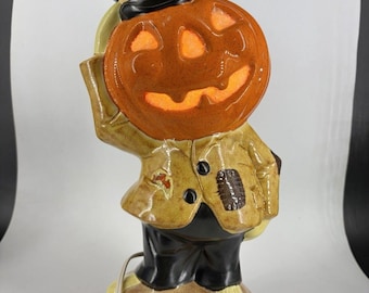 Vintage Yozie Ceramic Orange Pumpkin Head Halloween Light