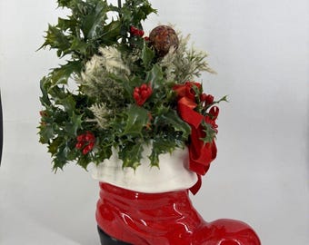Vintage Ceramic Santa Boot Planter Vase 70's Christmas Decor  13"