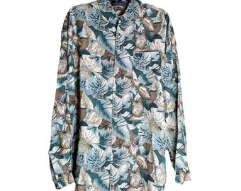 Vintage Guess by Georges Marciano Shirt Mens Sz 2 Rayon Leaves nature Tropic 90s
