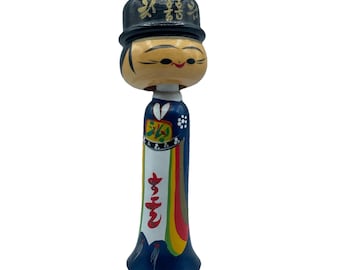 Vintage Japanese Wood Kokeshi Bobblehead Turn Nodder Man Doll Handmade Folk Art