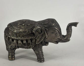 Silver Tone Lucky Elephant Statue Figurine Raised Trunk Embossed Pattern