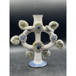 Mexican Pottery Folk Art Tree Of Life Birds White blue glaze Candelabra