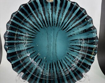 Blenko Glass Ashtray Peacock Dark Teal Persian Blue 6112-L