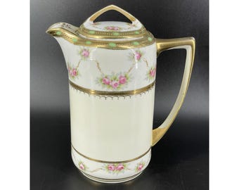 Antique Hand Painted Nippon Chocolate/Coffee Pot Roses Gold Gilt Green