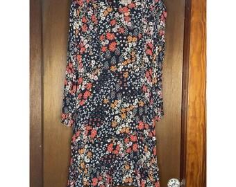 Anthropologie KACHEL Boho Dress Floral Black Print Ruffle Hem sz 8