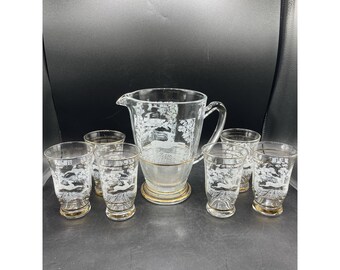 Glass Pitcher & Glasses cups Etched Reindeer Deer Elk Beehive gold Vintage Set