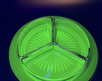 Vintage Green Depression Uranium Glass 4 Piece Large Silver Divided Dish Glow