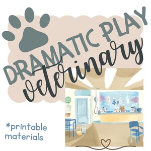 May include: A printable playset for kids to pretend to be veterinarians. The set features a light blue paw print, a light brown background with the text "Dramatic Play Veterinary", and a drawing of a veterinary clinic with a fish tank, a counter, and two chairs.