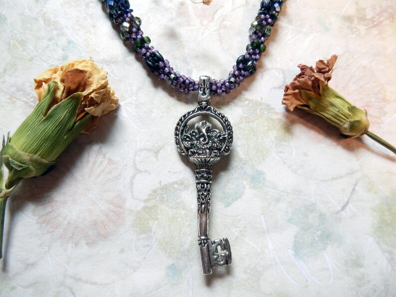 Key to Wisdom Purple Beaded Necklace