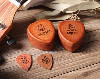 Custom Wooden Guitar Picks And Holder Case, Personalized Plectrum Box, Musical Gift, Christmas Gift For Him, Gift For Guitarist