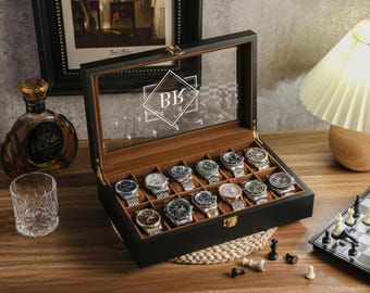 Caja de reloj de madera grabada personalizada, estuche para guardar relojes, regalo para novio, regalo de aniversario, regalo para esposo, regalo personalizado para él.