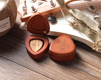 Custom Wooden Guitar Picks And Holder Case, Personalized Plectrum Box, Musical Gift, Christmas Gift For Him, Gift For Guitarist