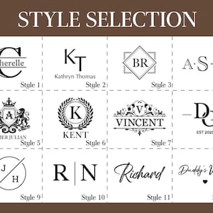 May include: A brown graphic with the words "STYLE SELECTION" at the top. Below are 12 design styles with names and initials, including "Cherelle," "Kathryn Thomas," "BR," "A.S.M," "Asher Julian," "Kent," "Vincent," "DG," "J/H," "RN," "Richard," and "Daddy's Watch."