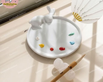 Cusotm Ceramic Watercolor Palette Set, Rabbit Artist Paint Palette, Handmade Palette, Porcelain Palette, Gouache Palette,PaintBrush Set,Gift