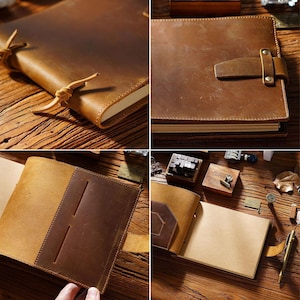 May include: A brown leather journal with a strap closure and a flap with a pocket. The journal is open to reveal blank pages.