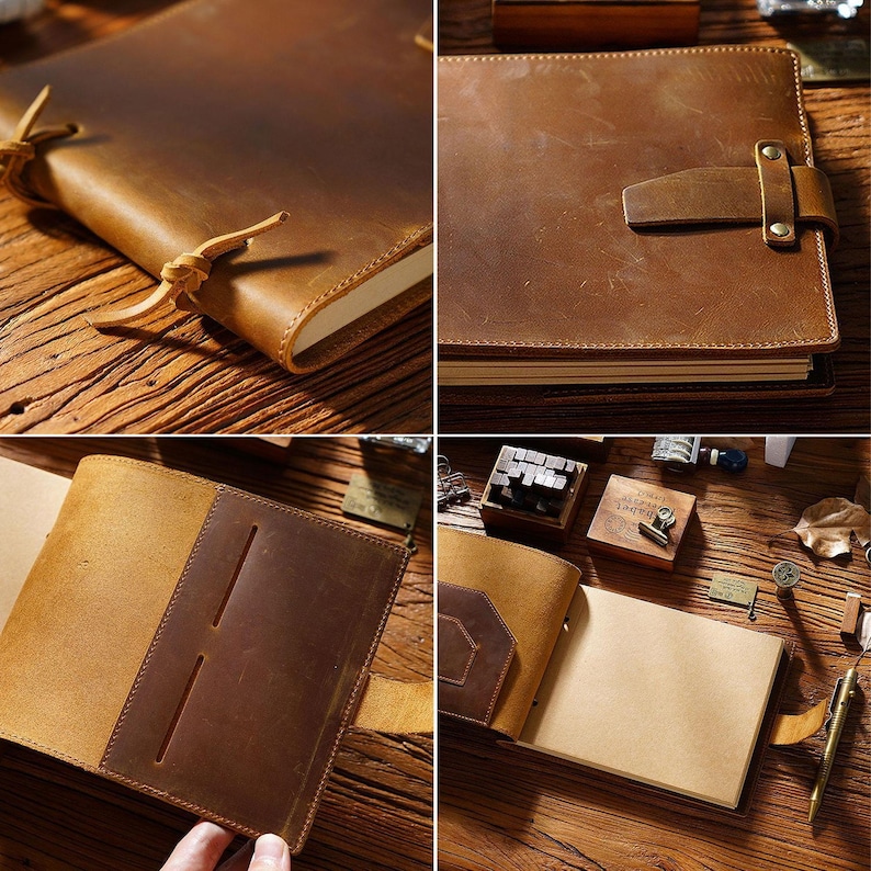 May include: A brown leather journal with a strap closure and a flap with a pocket. The journal is open to reveal blank pages.
