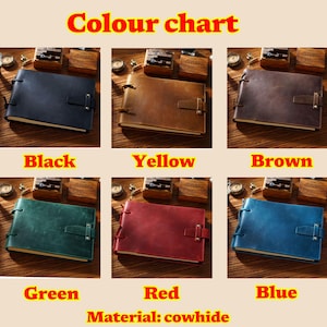 May include: Color chart showing six different leather-bound journals in black, yellow, brown, green, red, and blue. The text "Colour chart" and "Material: cowhide" are visible at the top and bottom of the image.