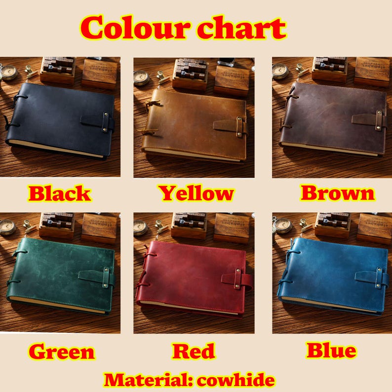 May include: Color chart showing six different leather-bound journals in black, yellow, brown, green, red, and blue. The text "Colour chart" and "Material: cowhide" are visible at the top and bottom of the image.