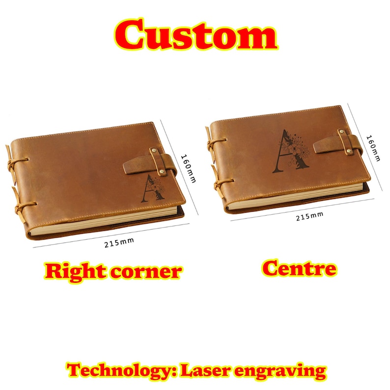 May include: Two brown leather journals with a laser engraved letter "A" on the front cover. The journal on the left has the letter engraved in the right corner, while the journal on the right has the letter engraved in the center. Both journals are 21.5 inches wide and 16 inches tall.