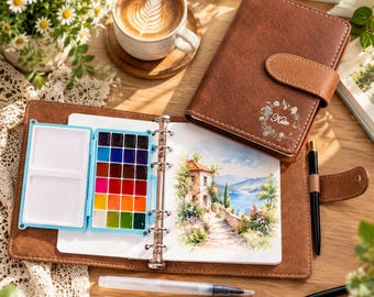 Custom Leather Watercolor Journal Set, Personalized Travel Sketchbook with 24 Color Paint Set, Portable Painting Kit, Artist Gift for Her